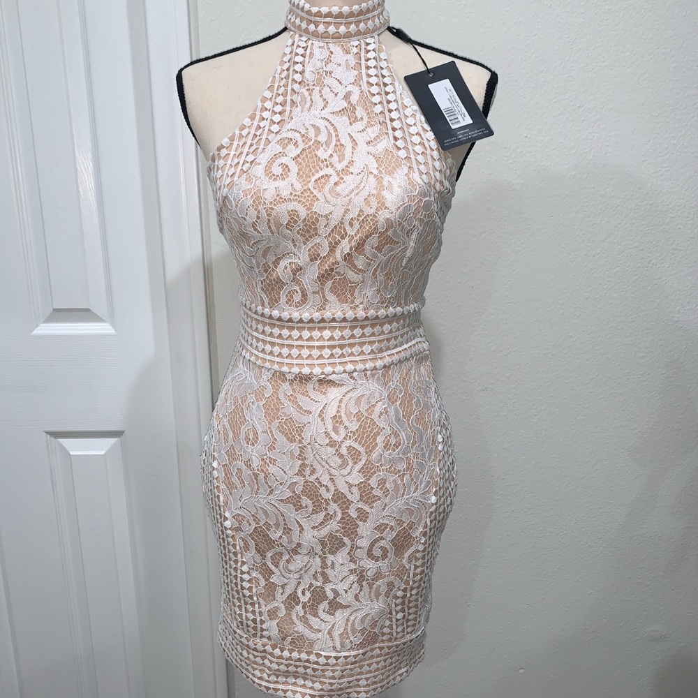 White high neck Lace Crochet Bodycon dress